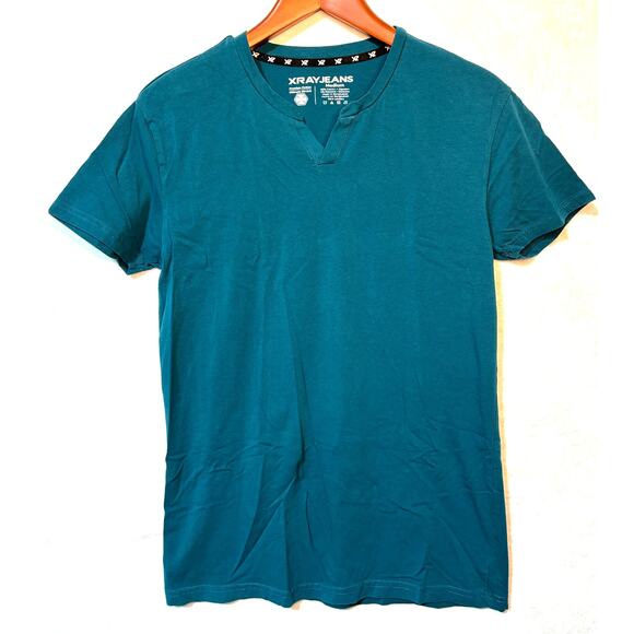 XRAY JEANS Men's Teal Split Crewneck Short Sleeve T-Shirt Henley | Medium - Picture 1 of 6